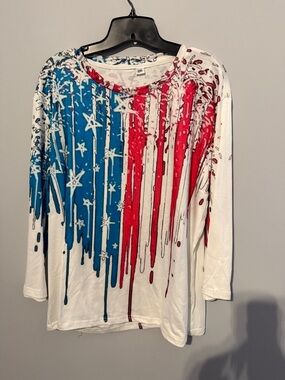 Kids White Long-Sleeve Graphic Tee with Red & Blue Flag Design